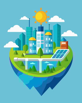 In the heart of a bustling city a reservoir covered with solar panels helps meet the increasing demand for clean electricity.. illustration. vector