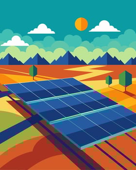 Like a technological quilt the solar panels cover the vast expanse of land below providing clean and renewable energy.. illustration. vector