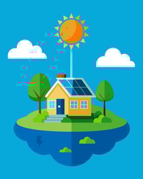 On a remote island a solarpowered home automation system allows residents to live comfortably while reducing their reliance on external energy sources.. illustration. vector