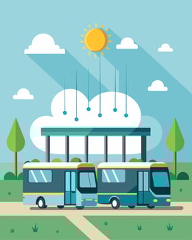 On a particularly hot day the solarpowered buses have a special feature that sprays a refreshing mist over waiting passengers at the bus stop.. illustration. vector