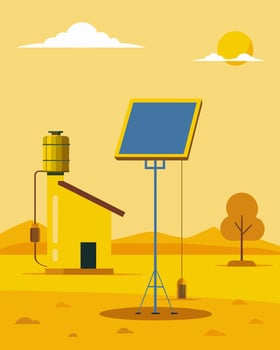 On the dusty plains of a rural area a bright yellow solar panel stands tall against the horizon powering the communitys water heaters and providing hot water for all.. illustration vector