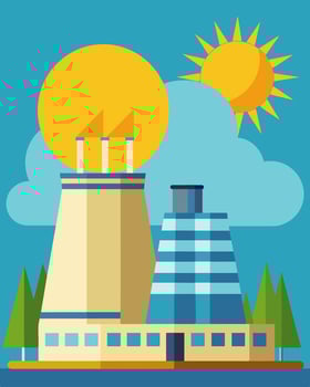 Powered by the suns rays the energyefficient cooling towers play a crucial role in the production processes of the factory.. illustration. vector