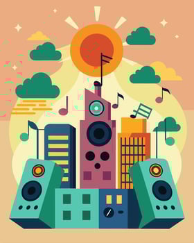 Soft melodies emanate from the rooftops of the city as solarpowered speakers and sound systems provide a soundtrack to the urban landscape.. illustration. vector