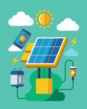Solar panels make it possible to stay connected and capture all your outdoor memories without the worry of a dead battery.. illustration. vector