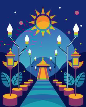 Solarpowered lights with intricate designs line the pathways of a cultural festival bringing a vibrant and ecofriendly atmosphere.. illustration. vector