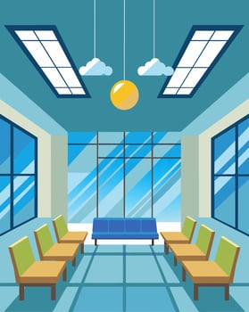 The bright and airy waiting area providing customers with plenty of natural light again thanks to the solar panels above.. illustration. vector