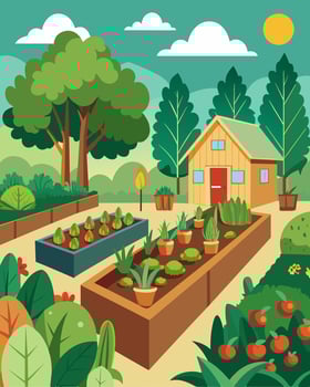 The backyard featured a thriving vegetable garden filled with organic produce that was used for meals in the sustainable household.. illustration. vector