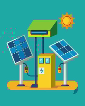The charging station is equipped with multiple solar panels strategically p to capture the most sunlight and efficiently power up electric vehicles.. illustration. vector