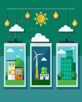 The factorys walls are adorned with posters promoting renewable energy and showcasing the benefits of solar panels.. illustration. vector