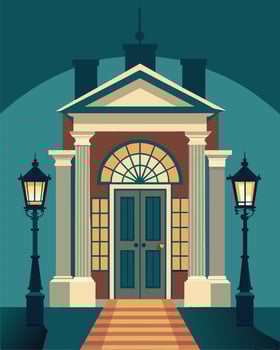 The grand entrance of a historic mansion adorned with discreet solar sconces evoking a bygone era.. illustration. vector