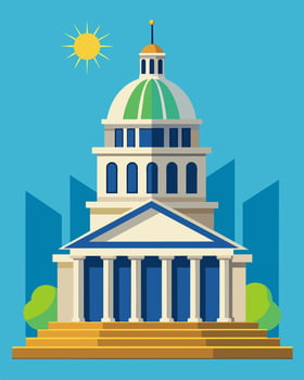 The historic courthouse stood tall and proud its iconic dome now adorned with a set of solar panels a symbol of progress and sustainability.. illustration. vector