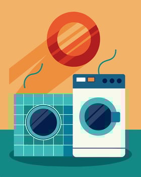 The hum of the washing machines blending seamlessly with the gentle swish of the solarpowered dryer.. illustration. vector