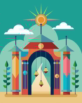 The main entrance to a music festival is decorated with a large vibrant solarpowered wind chime welcoming attendees with a serene yet lively atmosphere.. illustration. vector