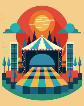 The main stage at a cultural festival is surrounded by a circular canopy of solar panels powering the entire event.. illustration. vector