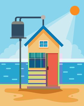 The maintenancefree solar water heating system on a beach house allows its owners to enjoy a warm outdoor shower after a swim in the ocean.. illustration. vector
