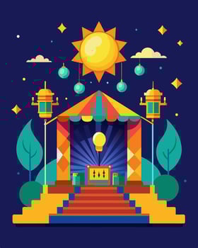 The main stage at a cultural festival is adorned with colorful solar lanterns illuminating the performances with sustainable energy.. illustration. vector
