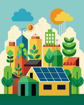The rooftop farms solar panels not only power the farm but they also generate excess energy that is sold back to the grid promoting sustainability in the city.. illustration. vector