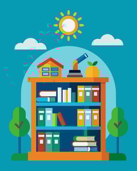 The schools library boasts a large collection of books and resources about solar energy and its benefits for the environment.. illustration. vector