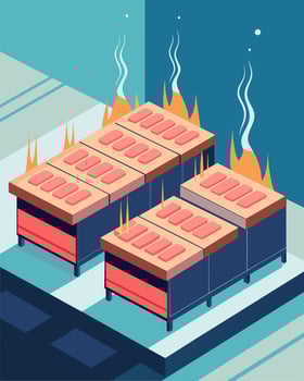 The smell of heated silicone permeates the air as the panels are attached to their frames and cured in large ovens.. illustration. vector
