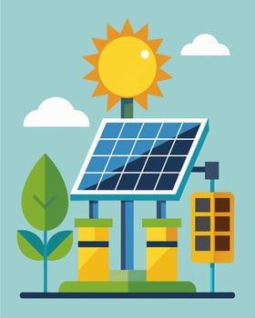 The solar panels on the rig provide a steady stream of energy reducing the rigs dependence on fossil fuels and decreasing its environmental impact.. illustration. vector