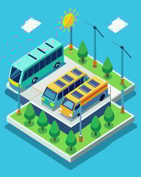 The solarpowered bus depots parking lot doubles as a charging station with numerous solar panels providing electricity to the buses during breaks in their routes.. illustration. vector