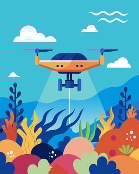The solarpowered drone zeroed in on a delicate coral reef capturing stunning images of marine life without causing any harm or pollution.. illustration. vector