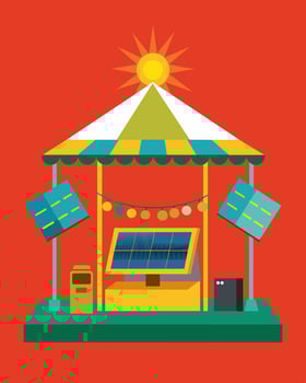 The solarpowered stage at the street fair shines bright powered by the energy of the urban community.. illustration. vector