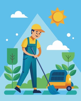 The solarpowered street sweeper makes its daily rounds sweeping up leaves litter and other debris without emitting any harmful pollutants.. illustration. vector