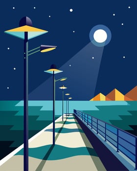The solarpowered streetlights along the seaside promenade not only provide a stunning view at night but also help protect the local ecosystem by using renewable energy.. vector