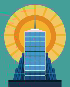The sun glints off the rows of solar panels adorning a towering skyscraper a testament to the buildings dedication to renewable energy.. illustration. vector