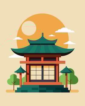 The traditional Japanese teahouse was adorned with discreet solar panels providing an ecofriendly touch to the iconic architecture.. illustration. vector