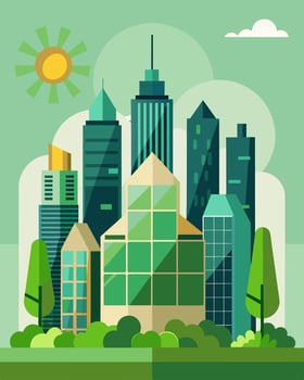The urban skyline adorned with skyscrapers boasting green walls each one glistening with solar panels collecting energy from the suns rays.. illustration. vector