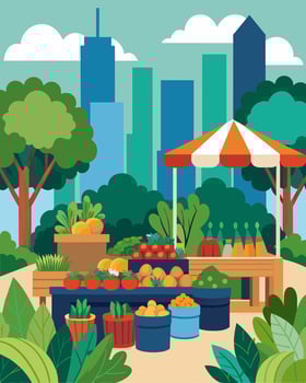 The urban garden hosts a farmers market every week showcasing the fruits of the gardens labor and bringing fresh locallygrown produce to the community.. illustration. vector