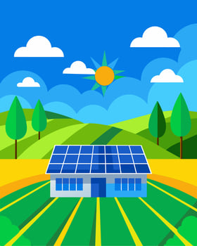 Under the bright blue sky solar panels glisten on the farm creating a vibrant mosaic of green and silver ast the fields.. illustration. vector