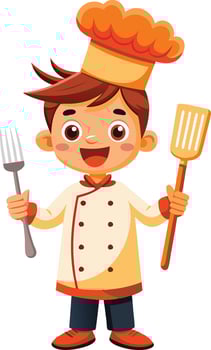 Happy young chef holding spatula vector