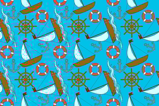 A seamless nautical pattern featuring boats, anchors, lifebuoys, ship helms, and waves. Ideal for summer, maritime themes, and holiday designs. vector