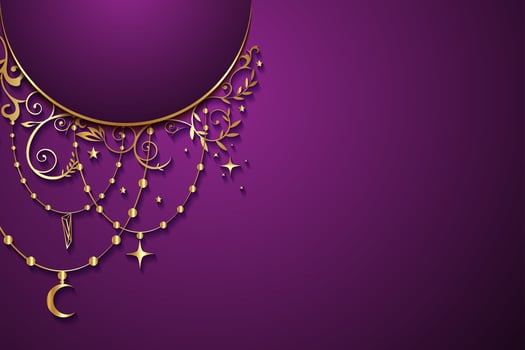 Mystic celestial golden frame with stars, floral, crescent, and copy space in boho style. Ornate magical banner with a place for text. gold border isolated on purple background vector
