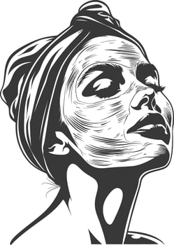 woman using beauty cosmetic face mask with engraving style black color only vector