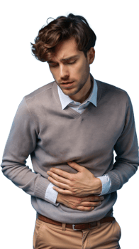 Man feeling nauseous and holding stomach with pained expression on transparent background png