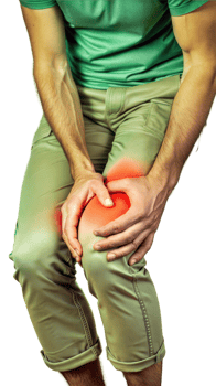 Person experiencing knee pain with highlighted injured area on transparent background png