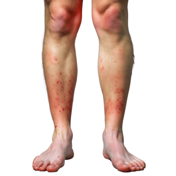 Person with skin allergies on their legs displaying inflammation and redness on transparent background png