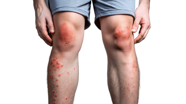Close-up of person with skin allergies on legs showing severe redness and irritation png