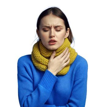 A woman with a sore throat, indicating she might be unwell on a transparent background png