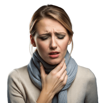 Woman experiencing sore throat feeling discomfort wearing scarf on transparent background png