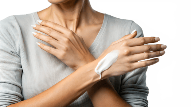 Person applying moisturizer to their arm on a transparent background png