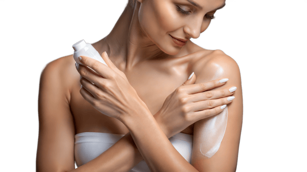 Woman applying lotion to her arm on transparent background png