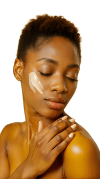 Woman applying lotion to skin, showcasing skincare and beauty routine on transparent background png