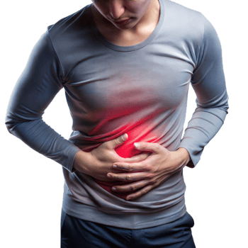 Person experiencing stomach pain with red highlight on transparent background png