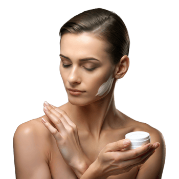 Person applying skincare lotion to their face on transparent background png