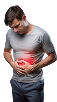 Person holding stomach in pain, showing discomfort and possibly experiencing severe pain on a transparent background png